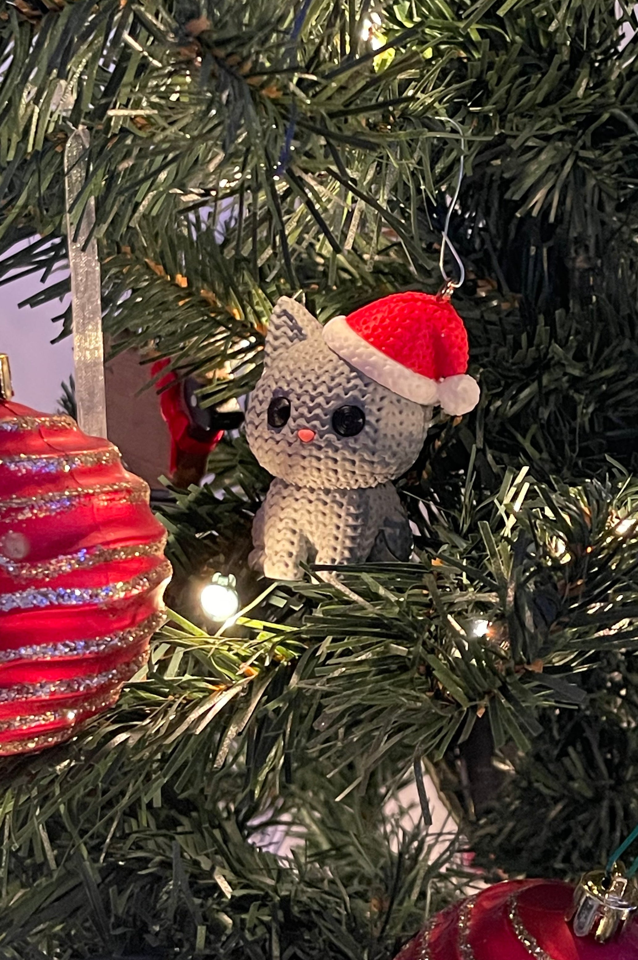 Knitted Cat with Santa Hat Ornament