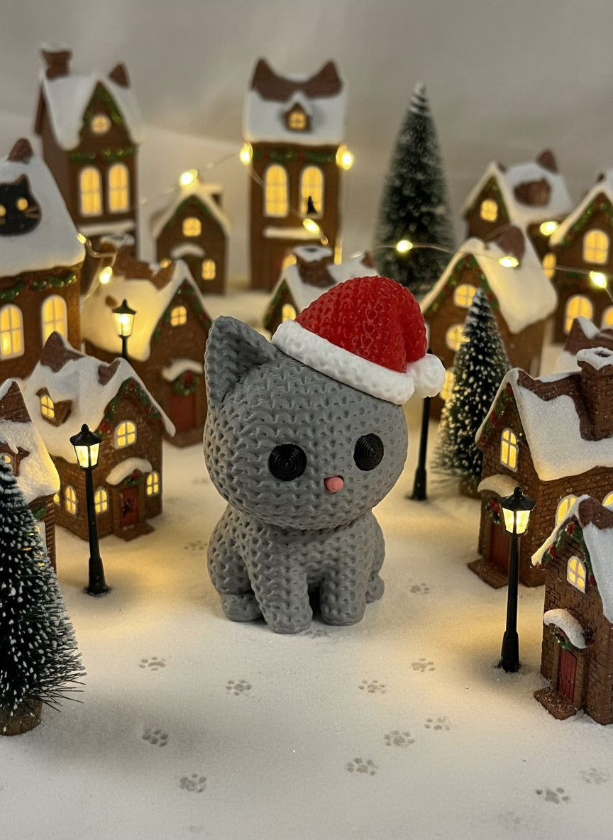 Knitted Cat with Santa Hat Figurine