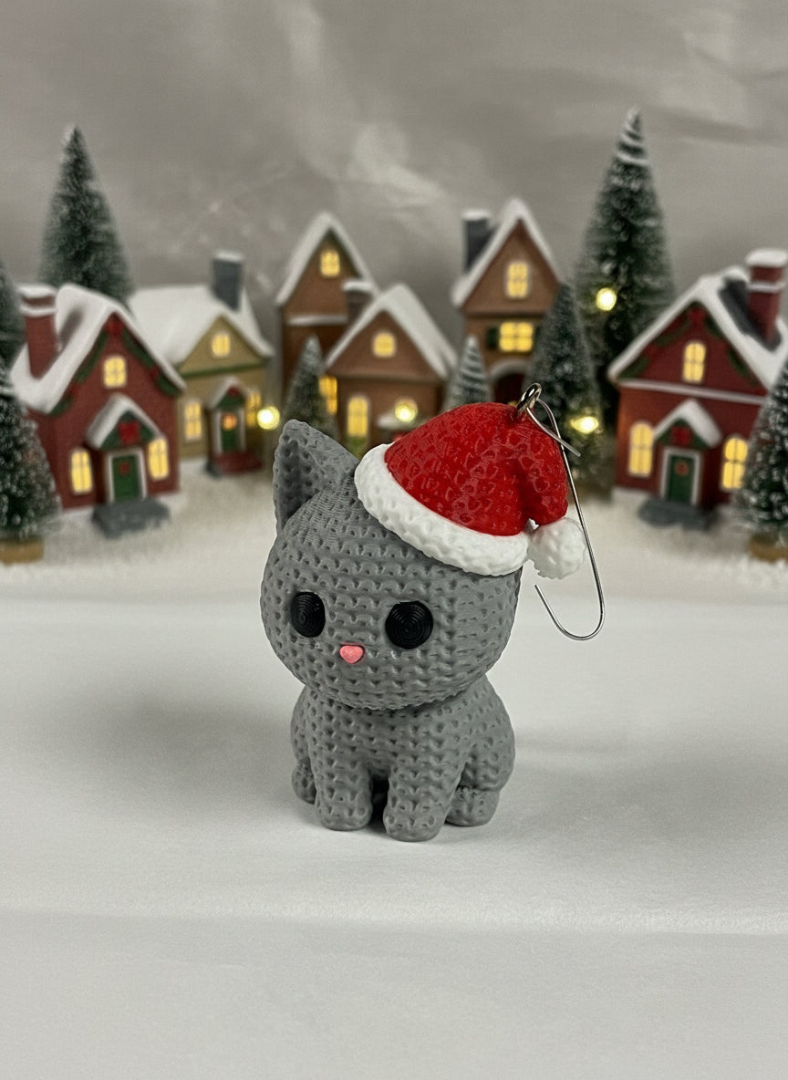 Knitted Cat with Santa Hat Ornament