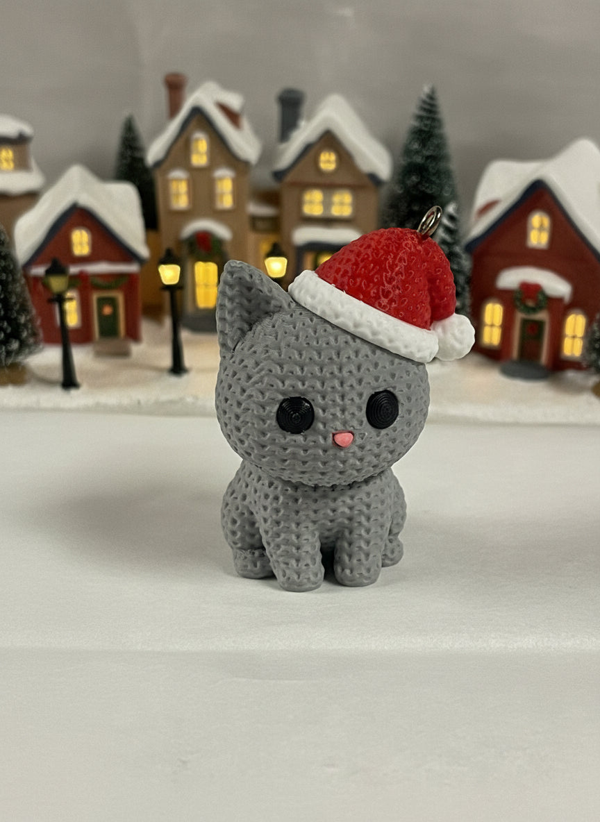 Knitted Cat with Santa Hat Ornament