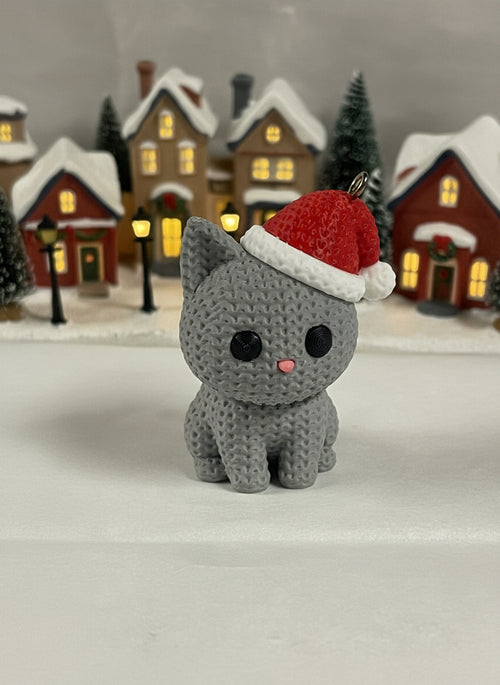 Knitted Cat with Santa Hat Ornament