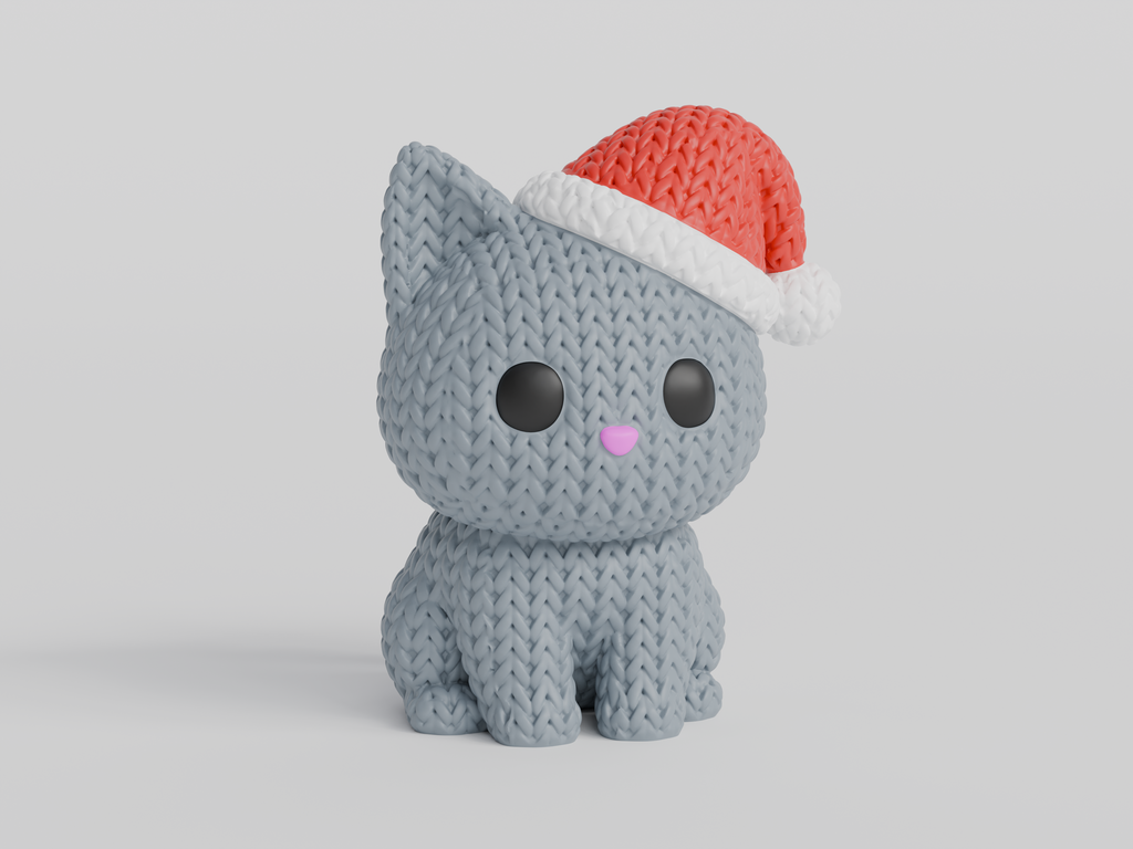 Knitted Cat with Santa Hat Figurine